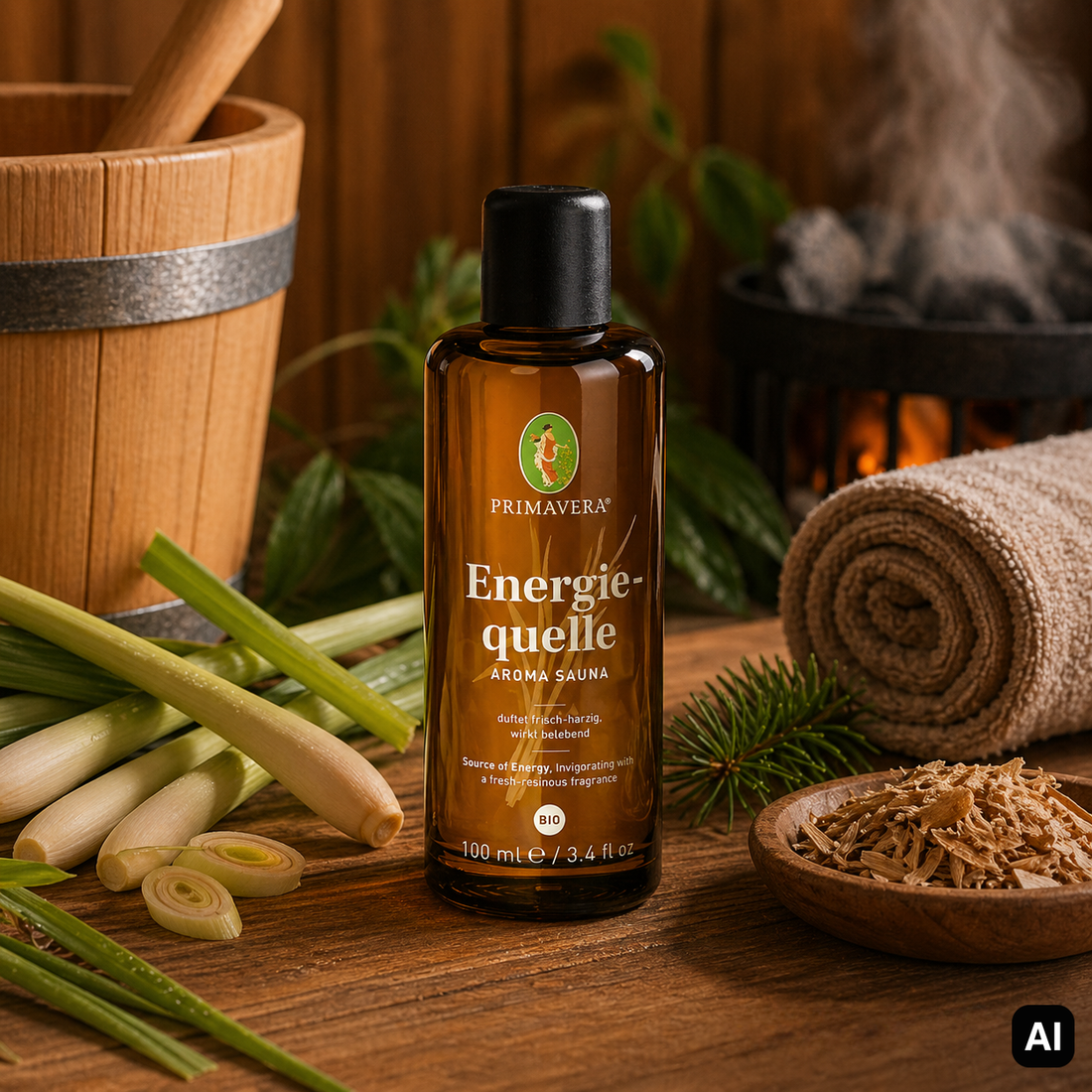 Saunaaufguss Energiequelle mit Lemongrass und Zedernholz neben dem Saunakübel