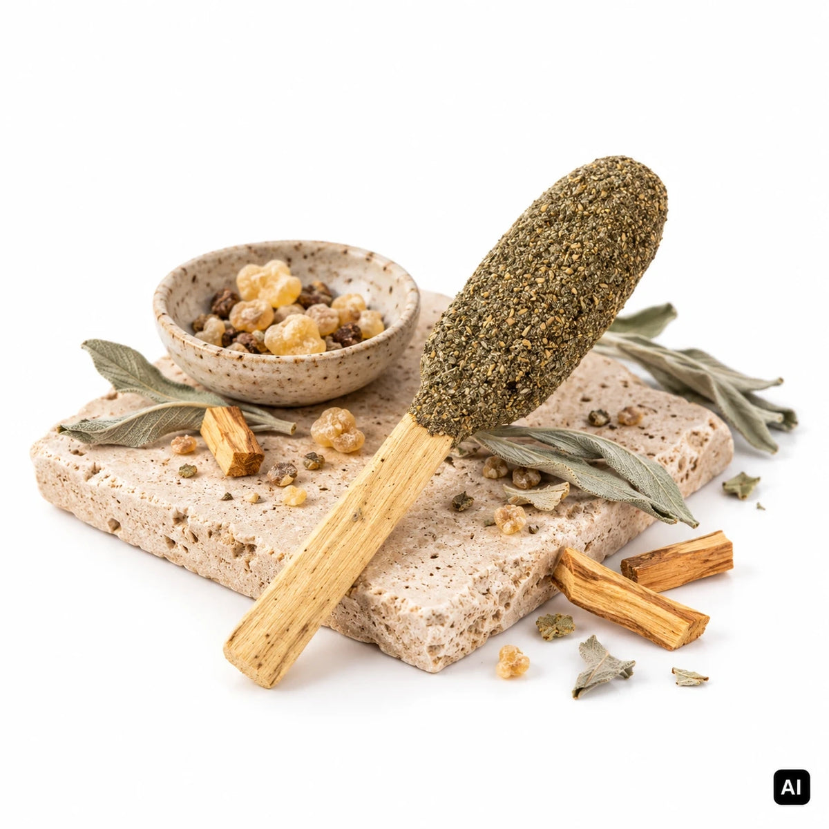 Green Tree Palo Santo Stick Blauer Salbei Räucherstab 12 cm mit Salbei-Kräuterummantelung auf Natursteinplatte, daneben Weihrauchharz, Salbeiblätter und Palo-Santo-Holz