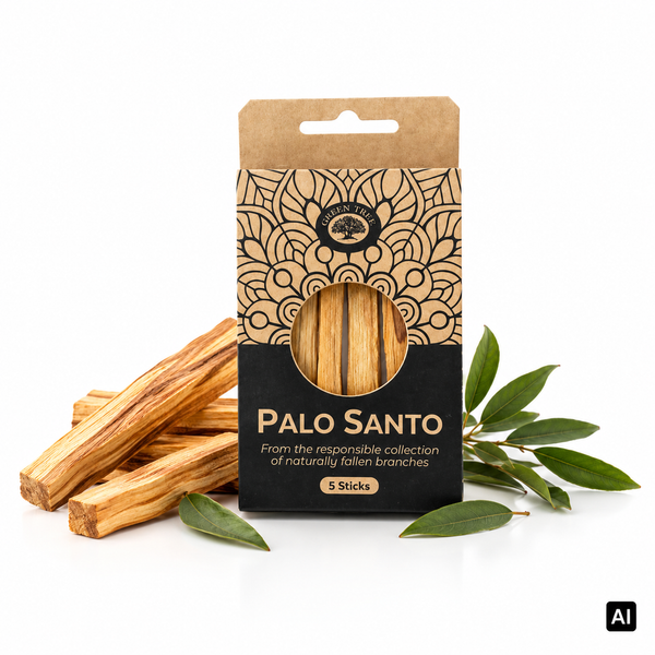 Green Tree Palo Santo Sticks 5 Stück Räucherholz in Kraftpapier-Verpackung, daneben lose Palo-Santo-Hölzer und grüne Blätter