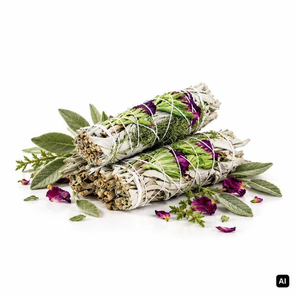 Green Tree Räucherbündel Aura Weißer Salbei Smudge Stick 10 cm mit Zedernzweigen und Blütenblättern, daneben Salbeiblätter und lila Blüten