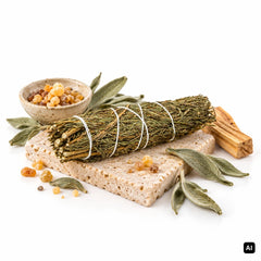 Green Tree Räucherbündel Mountain Sage Bergsalbei Smudge Stick 10 cm auf Natursteinplatte, daneben Schale mit Weihrauchharz, Salbeiblätter und Palo-Santo-Holz