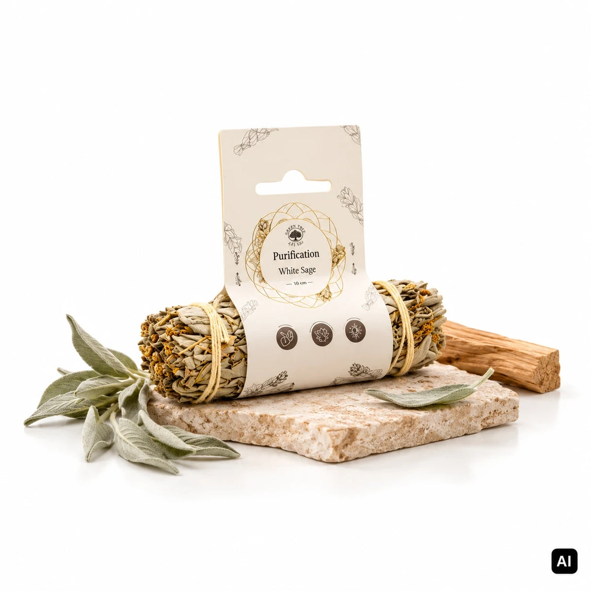 Green Tree Räucherbündel Reinigung Weißer Salbei Smudge Stick 10 cm mit Banderole auf Steinplatte, daneben Salbeiblätter und Palo-Santo-Holz