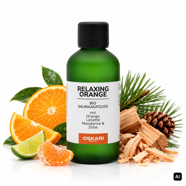 Oskari Bio-Saunaaufguss Relaxing Orange 100 ml Flasche mit Orange, Limette, Mandarine und Zirbenholz