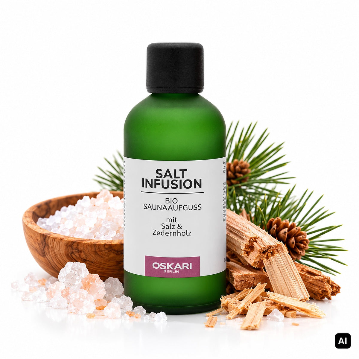 Oskari Bio-Salzaufguss Salt Infusion 100 ml Flasche mit Salzkristallen und Zedernholz