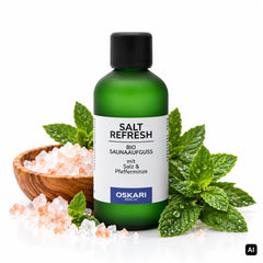 Oskari Bio-Salzaufguss Salt Refresh 100 ml Flasche mit Pfefferminze und Salzkristallen in einer Holzschale
