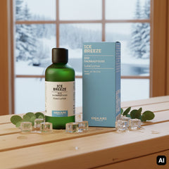 Saunaaufguss Ice Breeze mit Verpackung vor verschneitem Fenster