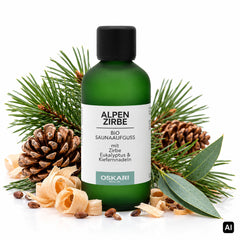 Oskari Bio-Saunaaufguss Alpen Zirbe 100 ml Flasche mit Zirbenzapfen, Kiefernnadeln und Eukalyptus