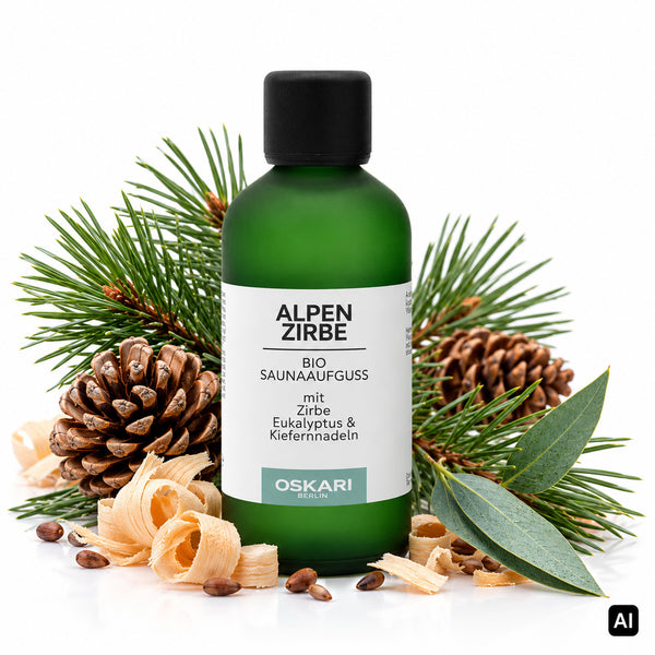 Oskari Bio-Saunaaufguss Alpen Zirbe 100 ml Flasche mit Zirbenzapfen, Kiefernnadeln und Eukalyptus