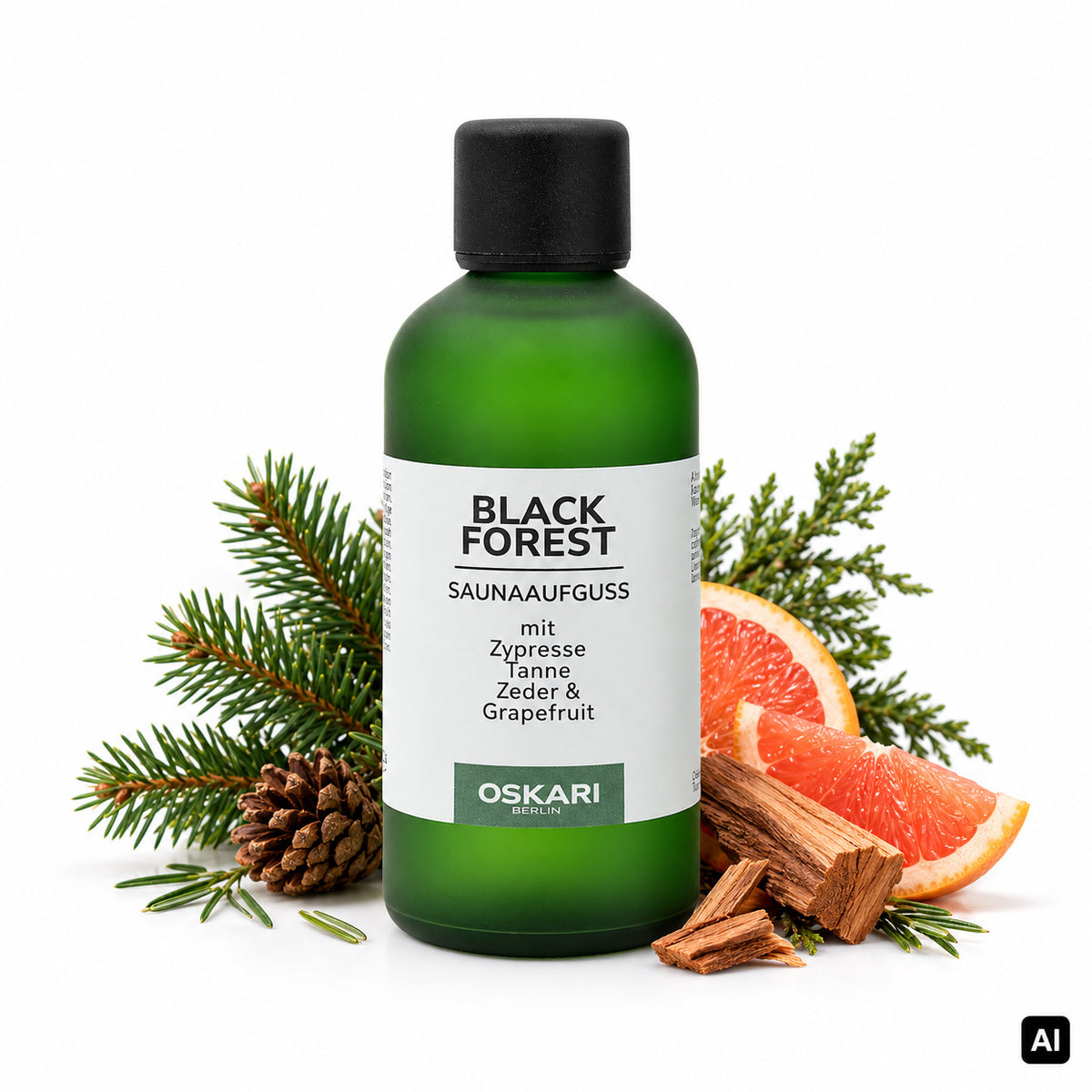 Oskari Saunaaufguss Black Forest 100 ml Flasche mit Tannenzweigen, Zedernholz und Grapefruit