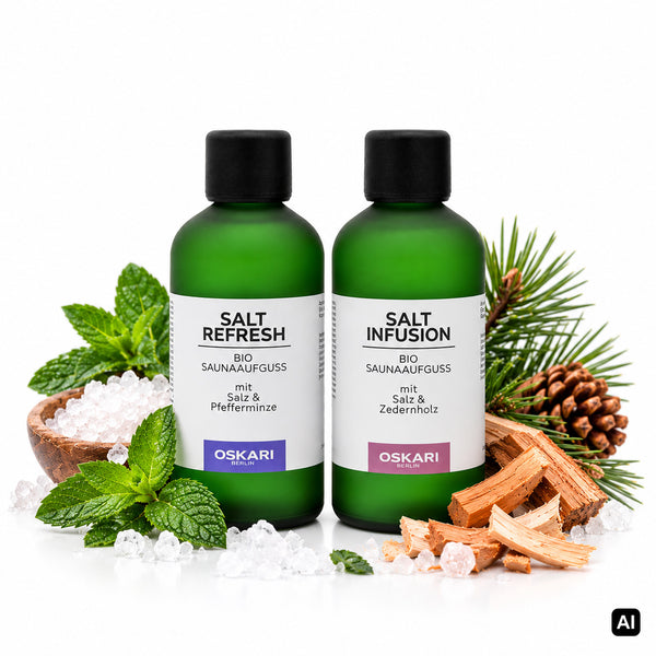 Oskari Bio-Salzaufguss Set Edition Salt mit Salt Refresh und Salt Infusion, Minze, Salz und Zedernholz
