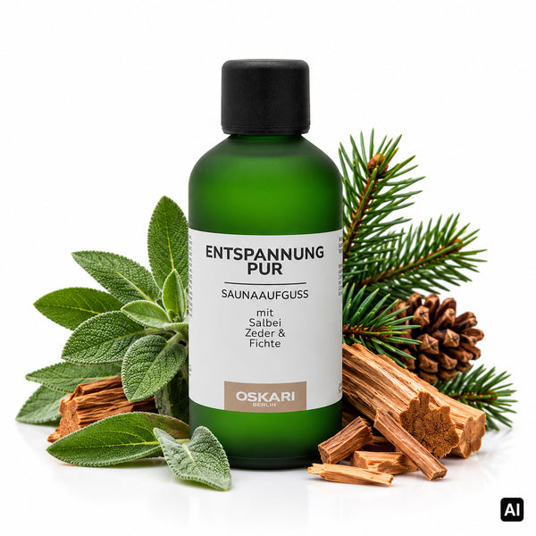 Oskari Bio-Saunaaufguss Entspannung Pur 100 ml Flasche mit Salbei, Zedernholz und Fichtenzweigen