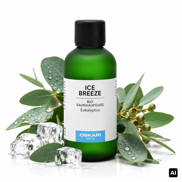 Oskari Bio-Saunaaufguss Ice Breeze 100 ml Flasche mit Eukalyptuszweigen und Eiswürfeln