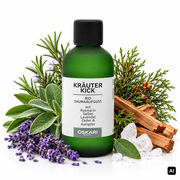Oskari Bio-Saunaaufguss Kräuter Kick 100 ml Flasche mit Rosmarin, Salbei, Lavendel und Zedernholz
