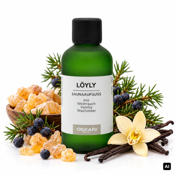 Oskari Bio-Saunaaufguss Löyly 100 ml Flasche mit Weihrauch, Vanille und Wacholderbeeren