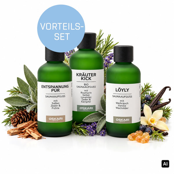 Oskari Bio-Saunaaufguss Vorteils-Set Aufgusstrilogie 3 x 100 ml mit Entspannung Pur, Kräuter Kick und Löyly, mit Salbei, Lavendel, Zedernholz, Vanille und Weihrauch