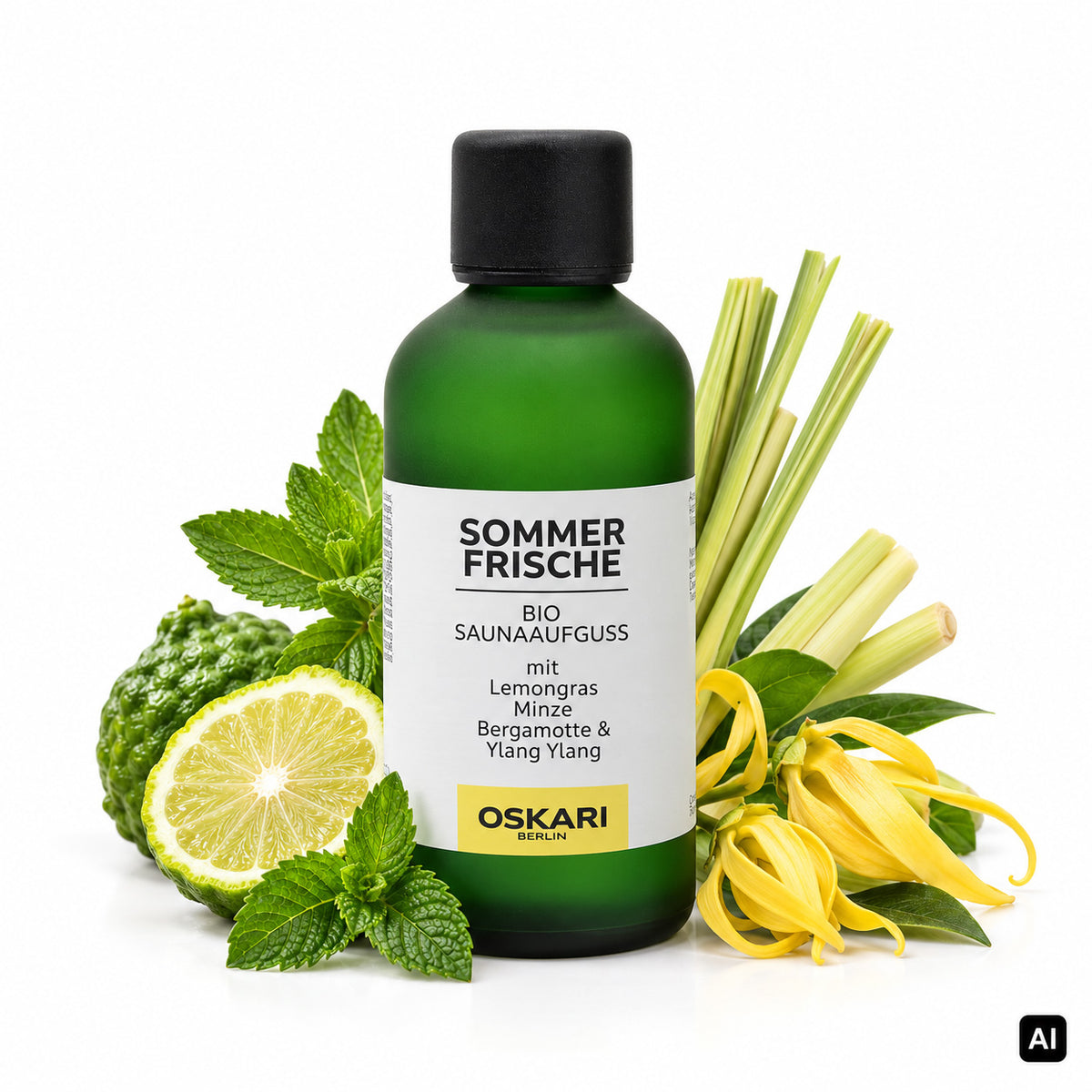 Oskari Bio-Saunaaufguss Sommerfrische 100 ml Flasche mit Lemongras, Minze, Bergamotte und Ylang-Ylang