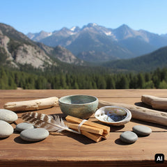Palo Santo Sticks mit Muschelschale und Steinen vor Bergkulisse