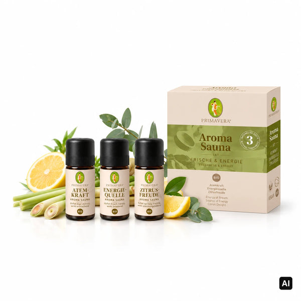 Primavera Bio-Saunaaufguss Probierset Frische und Energie 3 x 10 ml mit Atemkraft, Energiequelle und Zitrusfreude vor der Verpackung, mit Zitrone, Lemongrass und Eukalyptus