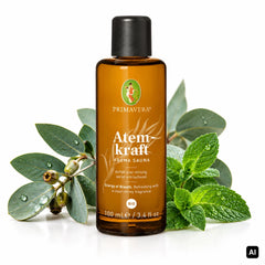 Primavera Bio-Saunaaufguss Atemkraft Aroma Sauna 100 ml Flasche mit Eukalyptuszweig und frischer Pfefferminze