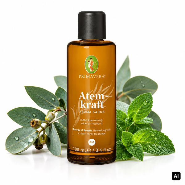 Primavera Bio-Saunaaufguss Atemkraft Aroma Sauna 100 ml Flasche mit Eukalyptuszweig und frischer Pfefferminze