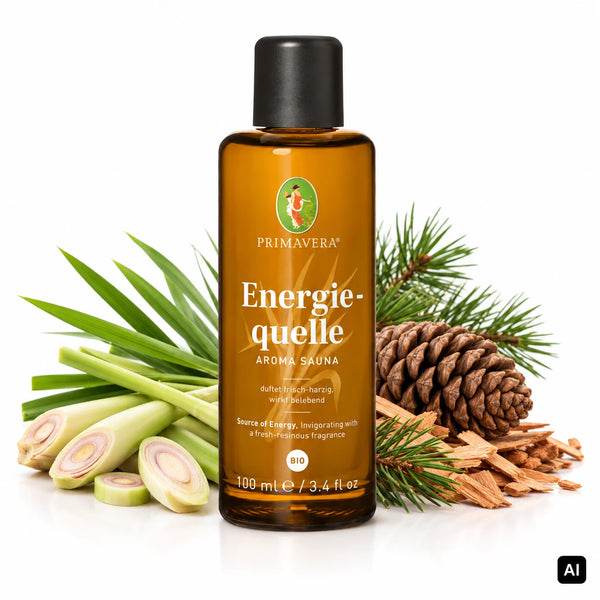 Primavera Bio-Saunaaufguss Energiequelle Aroma Sauna 100 ml Flasche mit Lemongrass, Kiefernzweig, Zapfen und Zedernholz