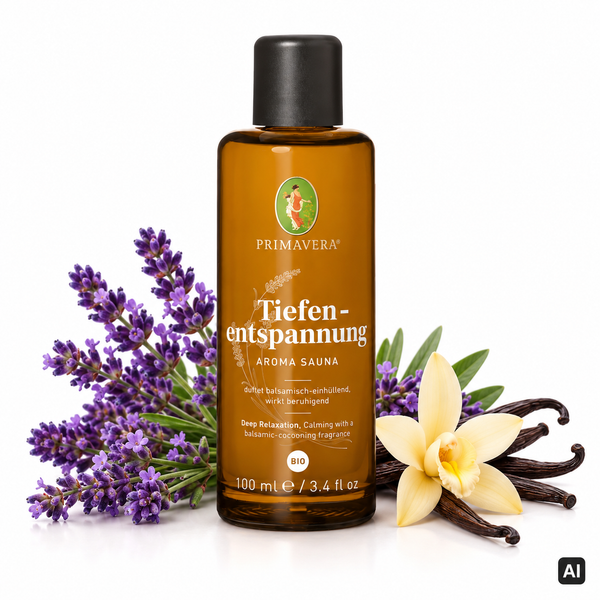 Primavera Bio-Saunaaufguss Tiefenentspannung Aroma Sauna 100 ml Flasche mit Lavendel, Vanilleblüte und Vanilleschoten