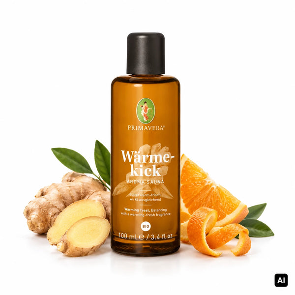 Primavera Bio-Saunaaufguss Wärmekick Aroma Sauna 100 ml Flasche mit Ingwerwurzel, Orangenspalte und Orangenschale
