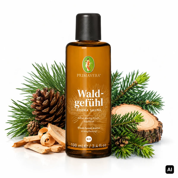 Primavera Bio-Saunaaufguss Waldgefühl Aroma Sauna 100 ml Flasche mit Tannen- und Kiefernzweigen, Zapfen, Holzspänen und Baumscheibe
