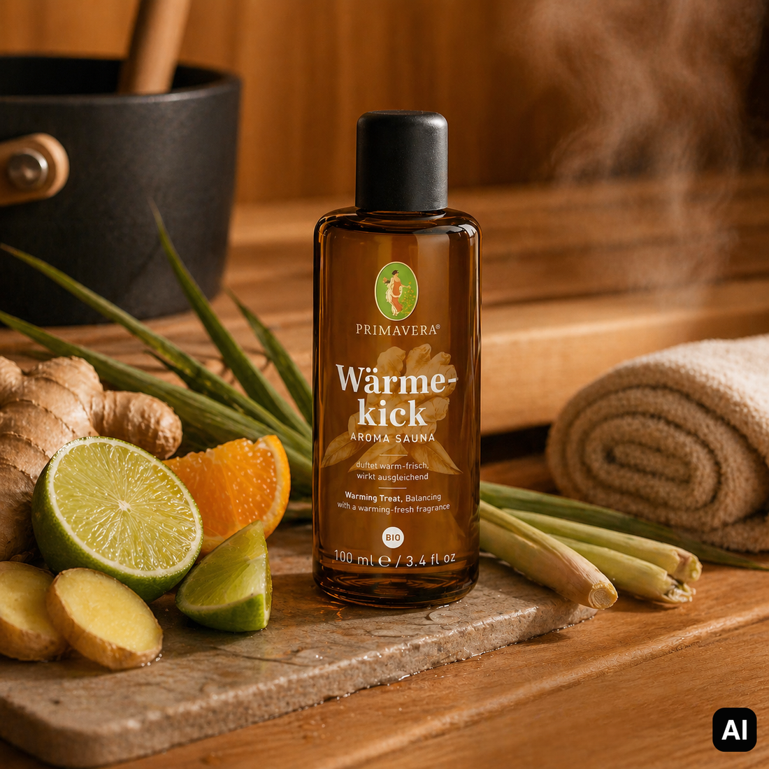 Saunaaufguss Wärmekick mit Ingwer, Limette und Orange