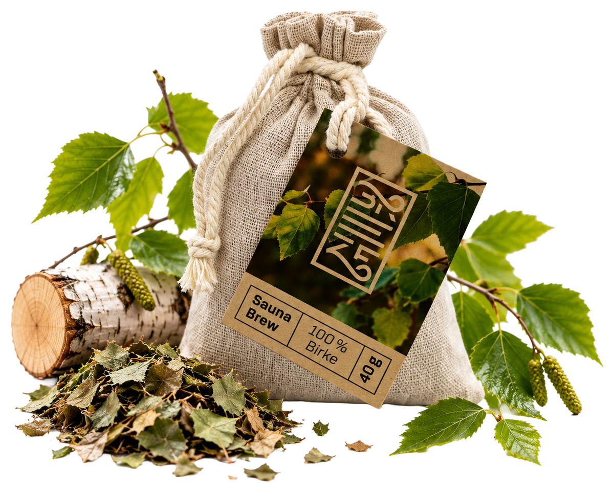 Sauna Brew Birke im Leinenbeutel mit Birkenblättern und Birkenholz