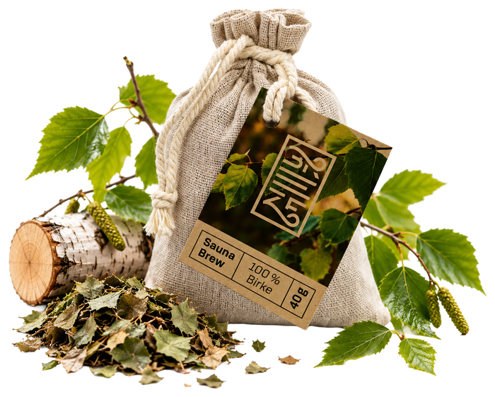 Sauna Brew Birke im Leinenbeutel mit Birkenblättern und Birkenholz
