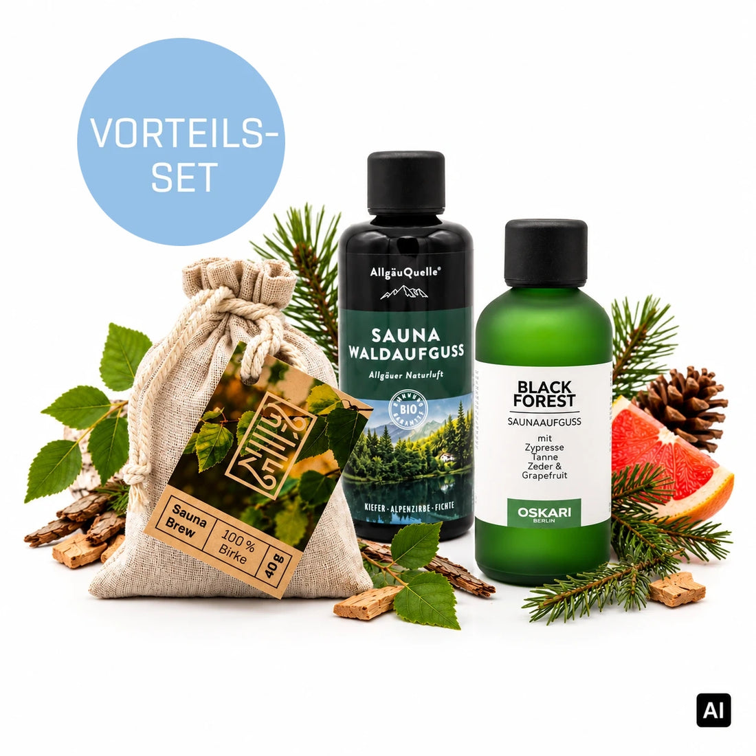 Bio-Saunaaufguss Vorteils-Set Waldbaden mit Allgäuquelle Waldaufguss Naturluft 100 ml, Oskari Black Forest 100 ml und BREEZE Sauna Brew Birke 40 g, mit Birkenblättern, Tannenzweigen, Zapfen und Grapefruit