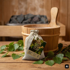 Sauna Brew Birke im Saunakübel mit frischen Birkenblättern
