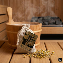 Sauna Brew Kamille im Saunakübel mit Kamillenblüten