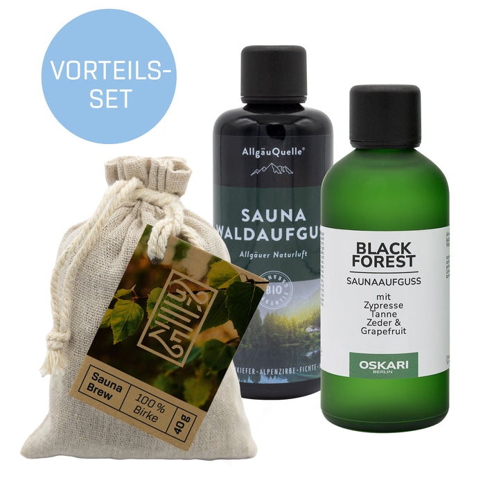 BREEZE Bio-Saunaaufguss Set Waldbaden mit Allgäuer Naturluft, Black Forest und Sauna Brew Birke