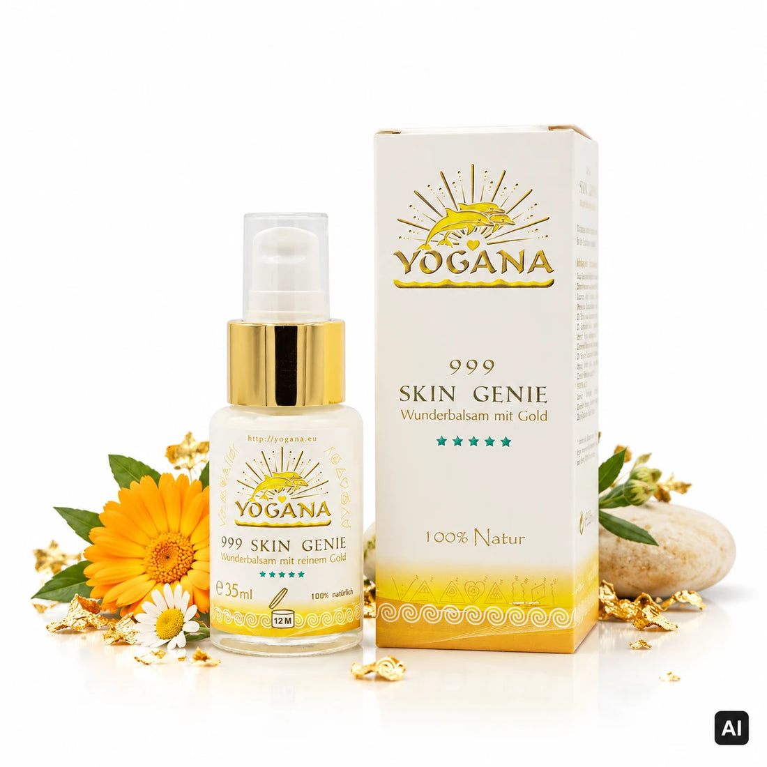 YOGANA 999 Skin Genie Wunderbalsam mit Gold 35 ml Pumpflasche und Faltschachtel mit Ringelblume, Kamille, Blattgold und Stein